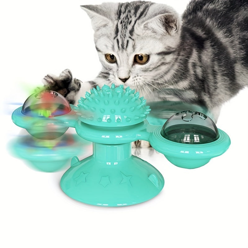 Interactive Windmill Cat Toy with Catnip – Rotating Spinner, Suction Cup, and Toothbrush for Play & Dental Care