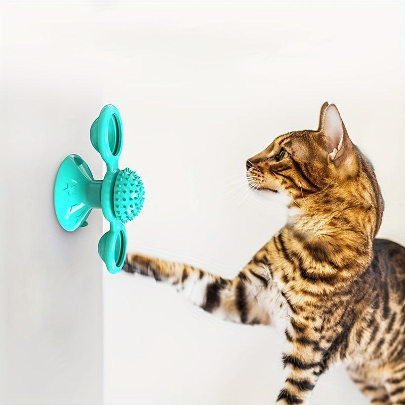 Interactive Windmill Cat Toy with Catnip – Rotating Spinner, Suction Cup, and Toothbrush for Play & Dental Care