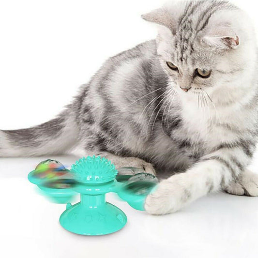 Interactive Windmill Cat Toy with Catnip – Rotating Spinner, Suction Cup, and Toothbrush for Play & Dental Care