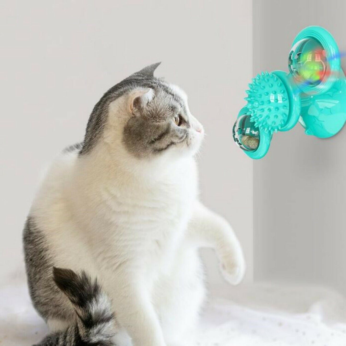 Interactive Windmill Cat Toy with Catnip – Rotating Spinner, Suction Cup, and Toothbrush for Play & Dental Care